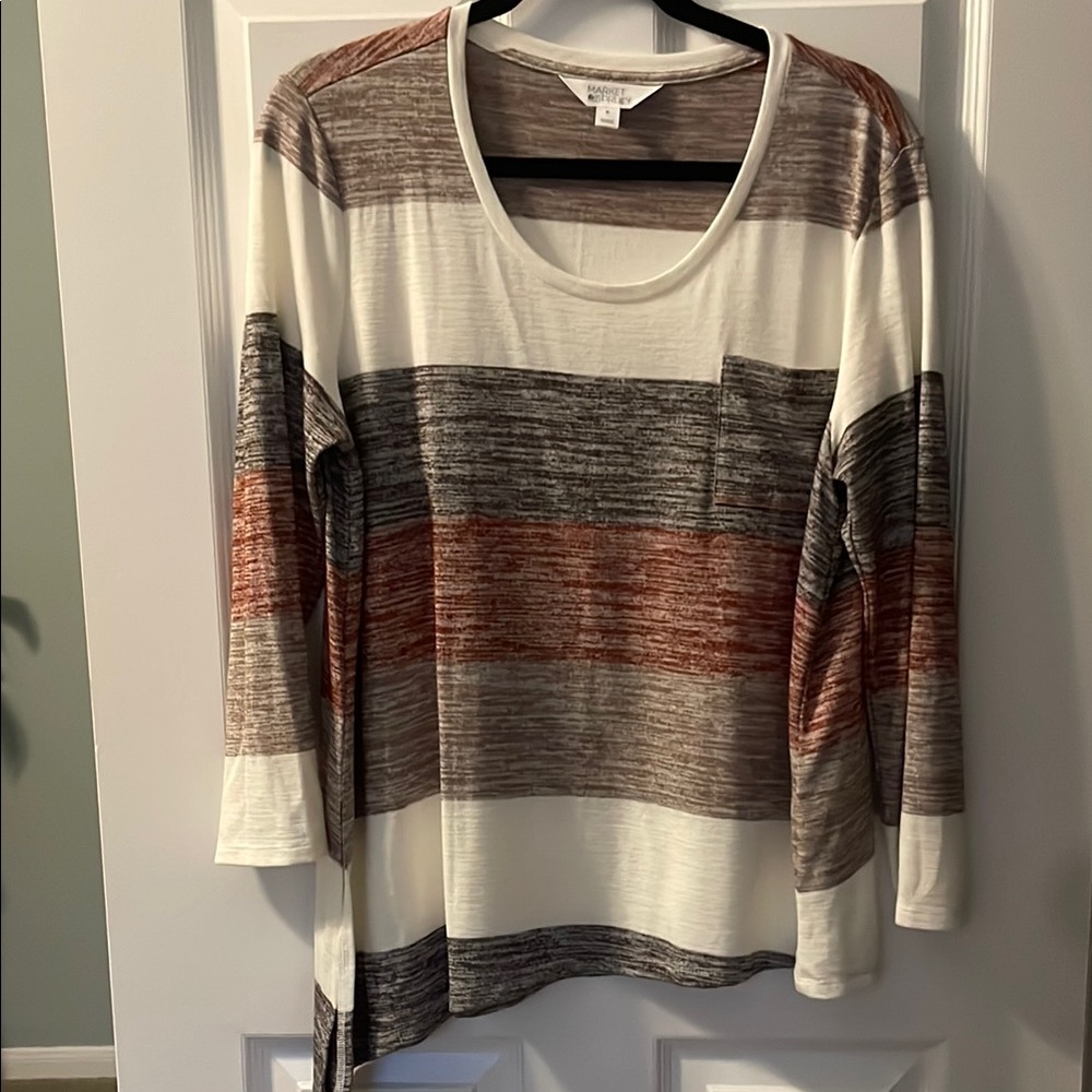 Market & Sprice Women's Striped Long Sleeve Tunic Top - Brown, Cream, and Gray
